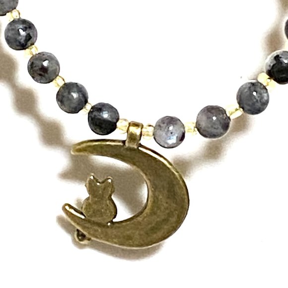 Larvikite Bronze Cat on the Moon Necklace, Genuine Gemstone Beaded Necklace - Picture 5 of 10